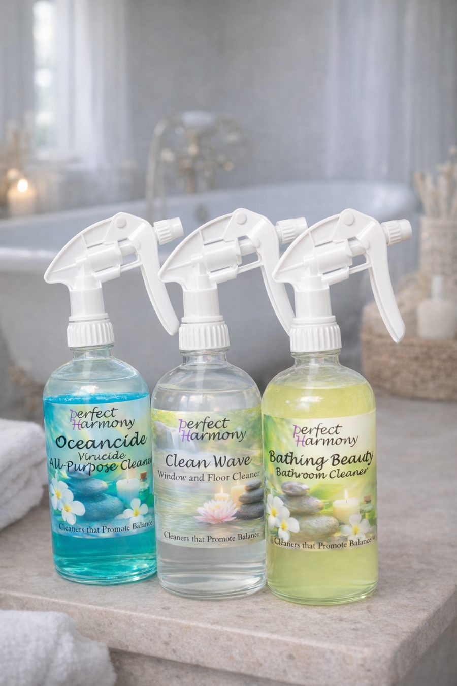 Three Perfect Harmony spray bottles by a bathtub